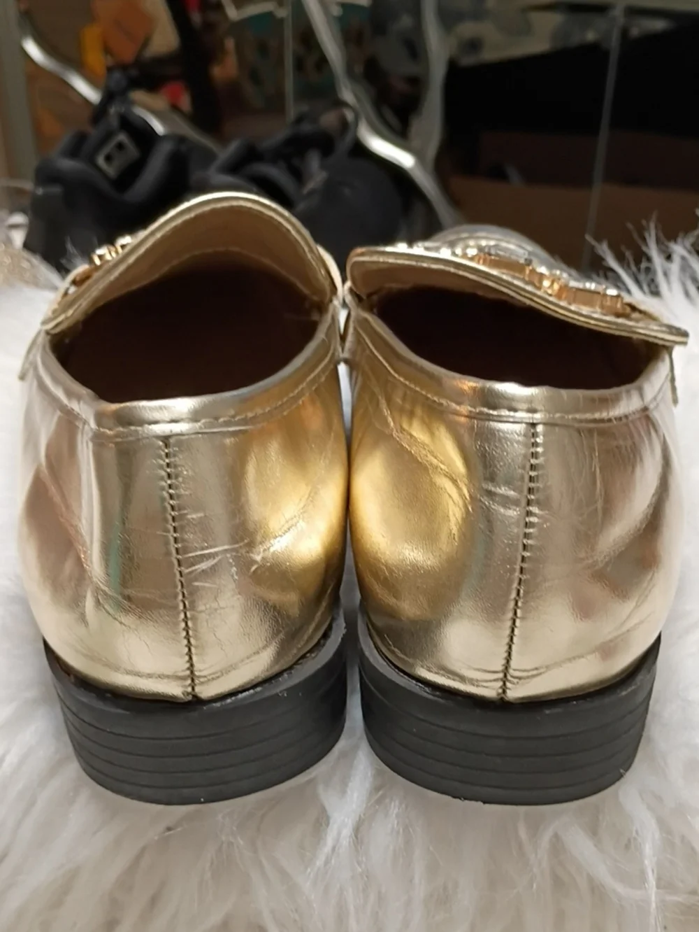 New Rag & Co Women's Metallic Gold Dendron Diamante Loafers with Crystal Accents